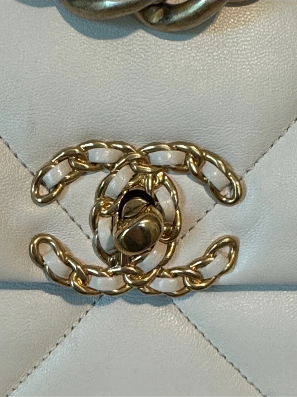 CHANEL 19 Medium Quilted Flap Bag in White with Silver and Gold Chain